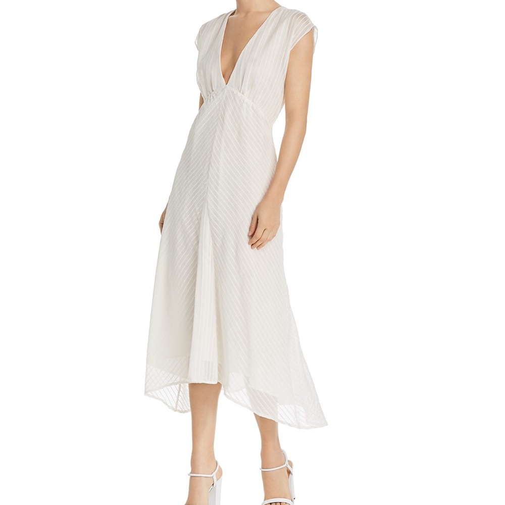 White Vneck Midi Dress Cap Sleeves. Size Small